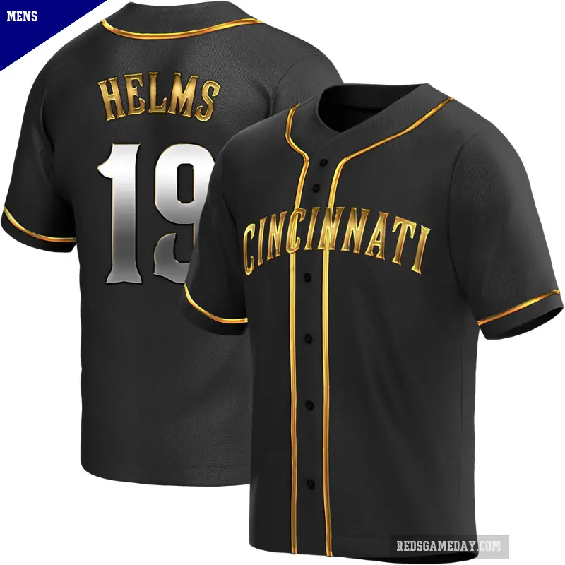 Men's No.19 Tommy Helms Cincinnati Reds Gold Replica Black en Alternate Jersey