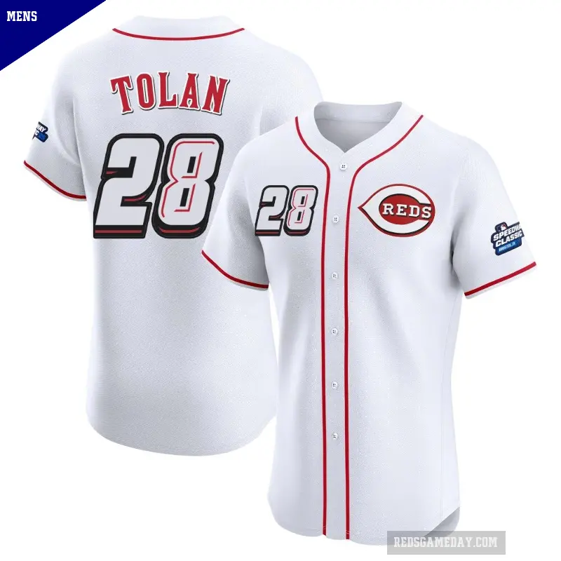 Men's No.28 Bobby Tolan Cincinnati Reds White Elite 2025 Speedway Classic Alternate Jersey