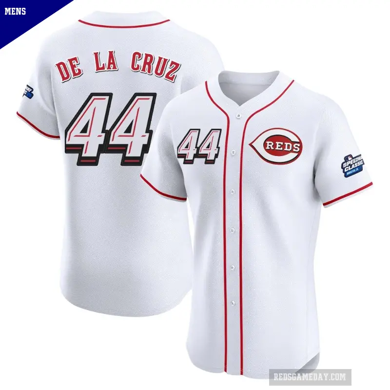 Men's No.44 Elly De La Cruz Cincinnati Reds White Elite 2025 Speedway Classic Alternate Jersey