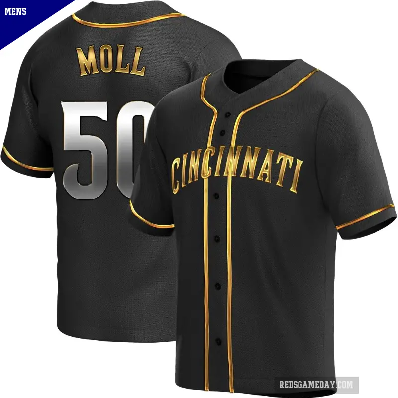 Men's No.50 Sam Moll Cincinnati Reds Gold Replica Black en Alternate Jersey
