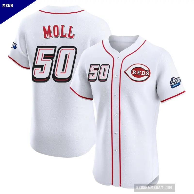 Men's No.50 Sam Moll Cincinnati Reds White Elite 2025 Speedway Classic Alternate Jersey