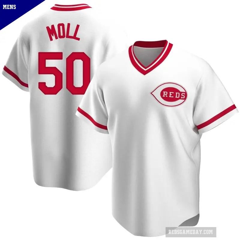 Men's No.50 Sam Moll Cincinnati Reds White Replica Home Cooperstown Collection Jersey