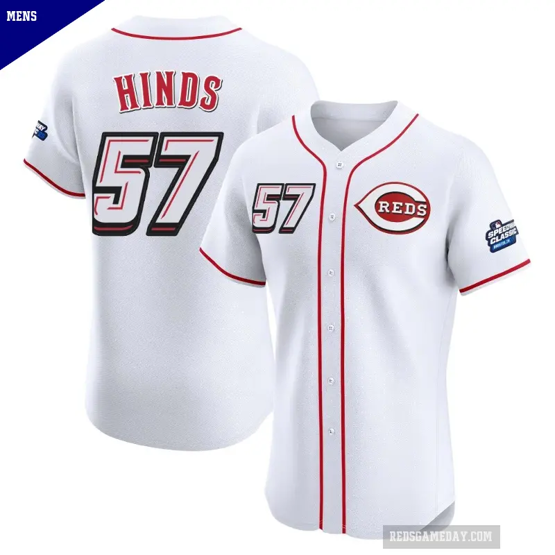 Men's No.57 Rece Hinds Cincinnati Reds White Elite 2025 Speedway Classic Alternate Jersey