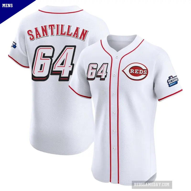 Men's No.64 Tony Santillan Cincinnati Reds White Elite 2025 Speedway Classic Alternate Jersey