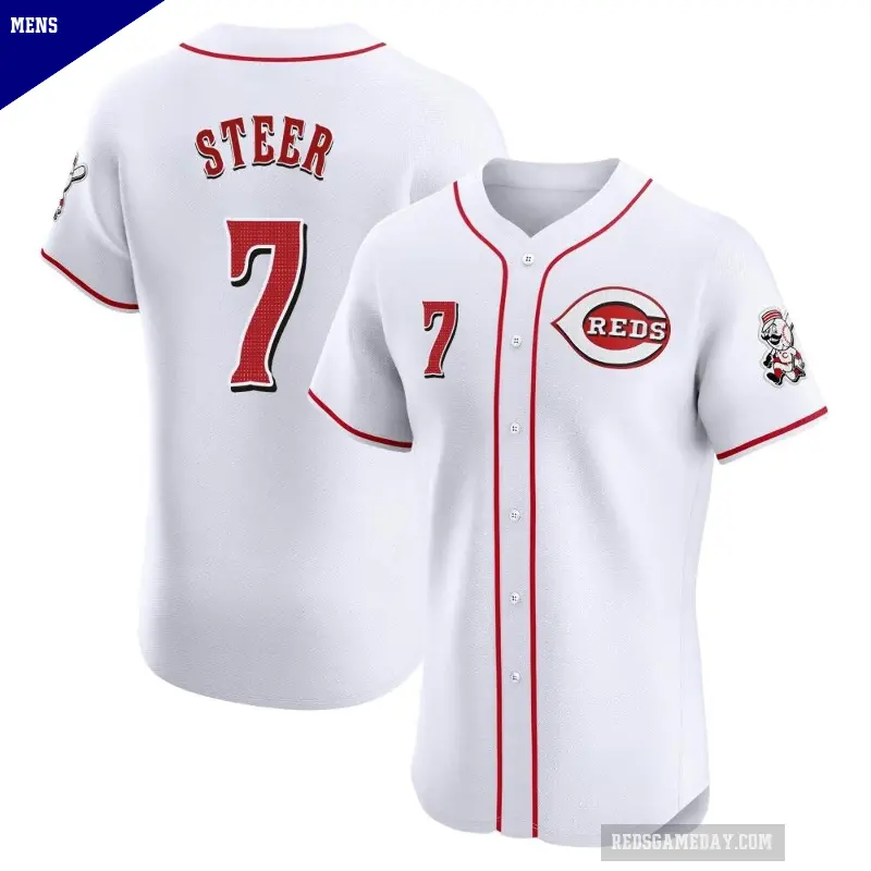 Men's No.7 Spencer Steer Cincinnati Reds White Elite Home Patch Jersey