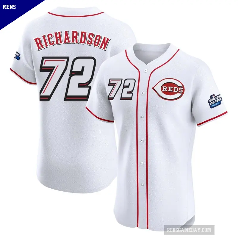 Men's No.72 Lyon Richardson Cincinnati Reds White Elite 2025 Speedway Classic Alternate Jersey