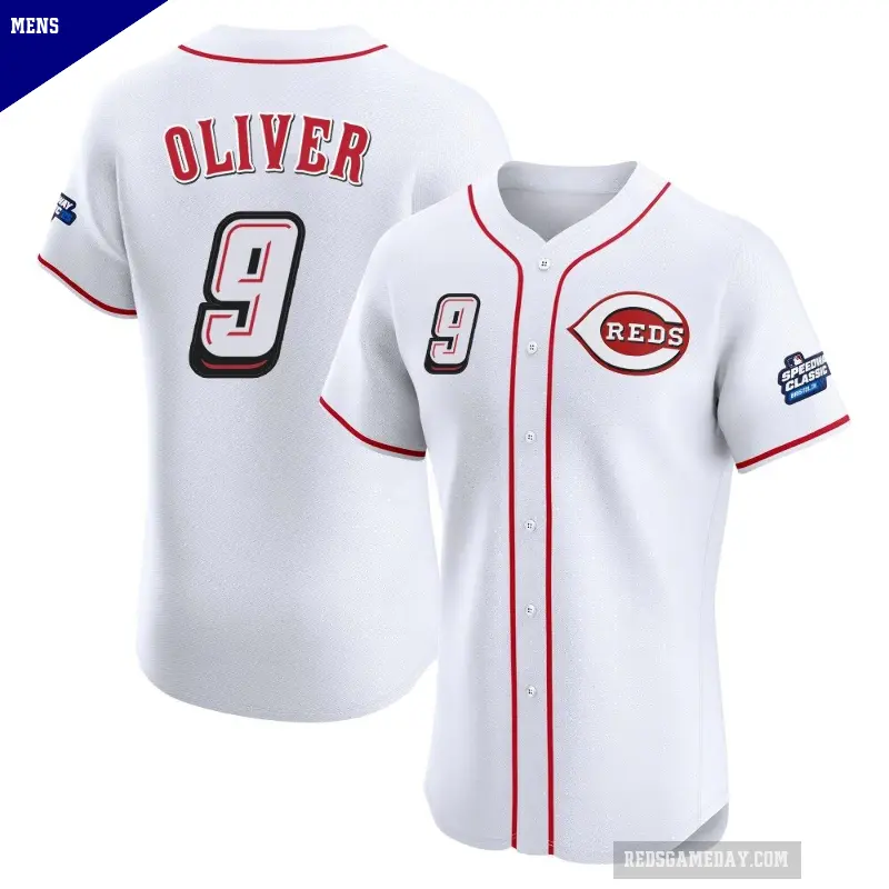 Men's No.9 Joe Oliver Cincinnati Reds White Elite 2025 Speedway Classic Alternate Jersey