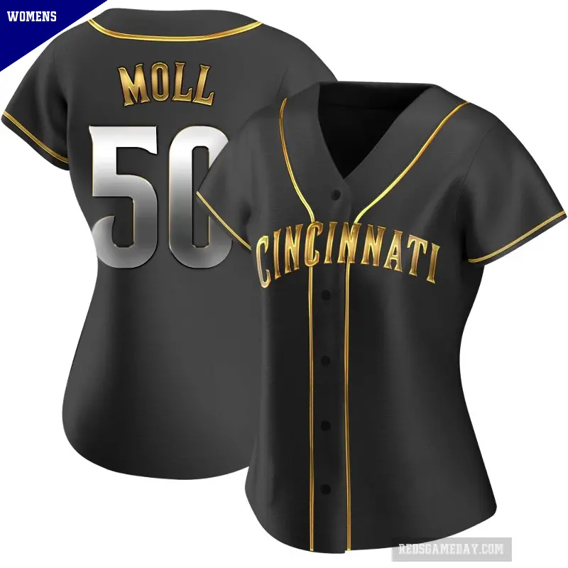 Women's No.50 Sam Moll Cincinnati Reds Gold Replica Black en Alternate Jersey