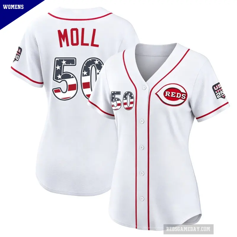 Women's No.50 Sam Moll Cincinnati Reds White Limited USA 250 Fourth Of July Home Stadium Jersey