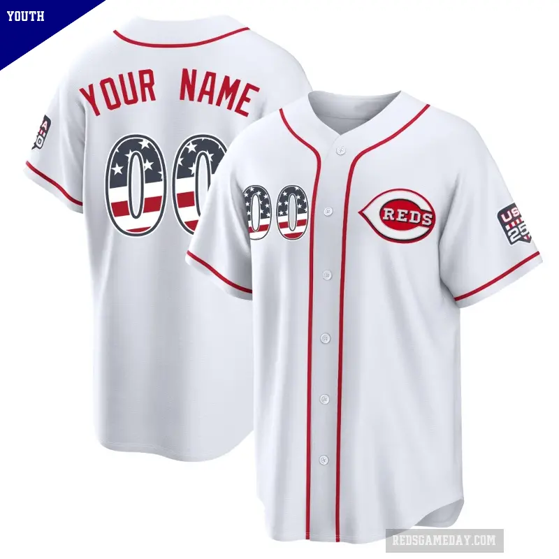 Youth No.00 Custom Cincinnati Reds White Limited USA 250 Fourth Of July Home Stadium Jersey