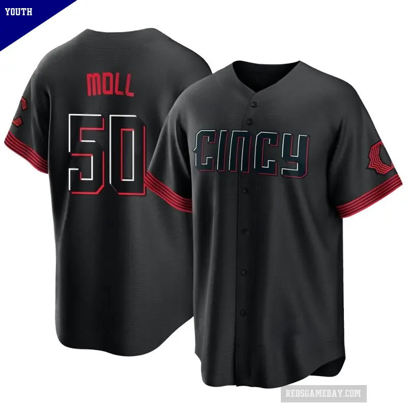 Youth No.50 Sam Moll Cincinnati Reds Black Replica 2023 City Connect Jersey