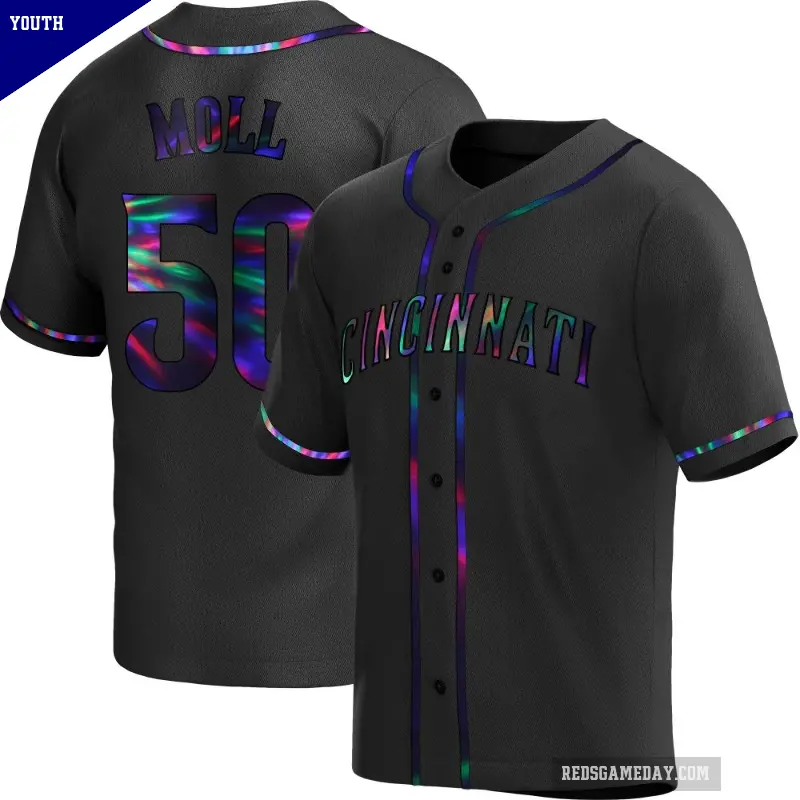 Youth No.50 Sam Moll Cincinnati Reds Black Replica Holographic Alternate Jersey
