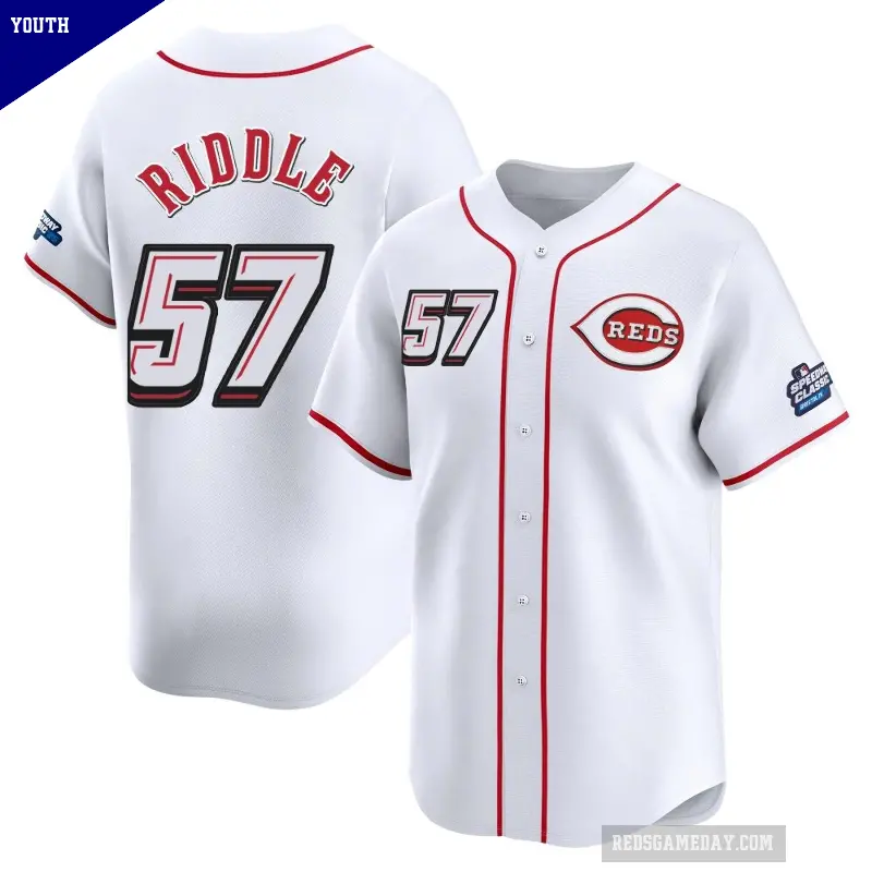 Youth No.57 JT Riddle Cincinnati Reds White Limited 2025 Speedway Classic Alternate Jersey