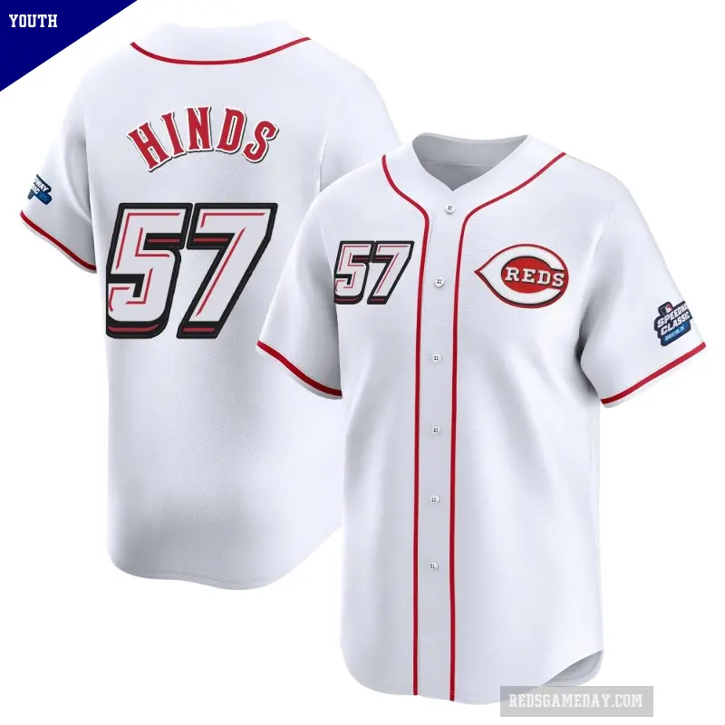 Youth No.57 Rece Hinds Cincinnati Reds White Limited 2025 Speedway Classic Alternate Jersey