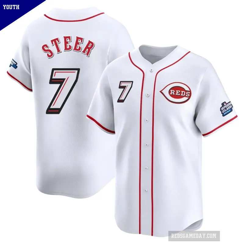 Youth No.7 Spencer Steer Cincinnati Reds White Limited 2025 Speedway Classic Alternate Jersey